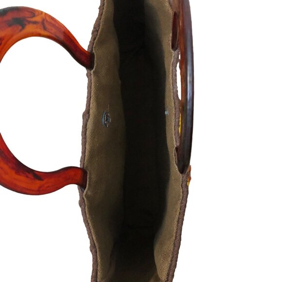 SOLD Vintage 70s Mushroom Floral Needlepoint Knit Square Plastic Handle Hand Bag - Picture 6 of 7